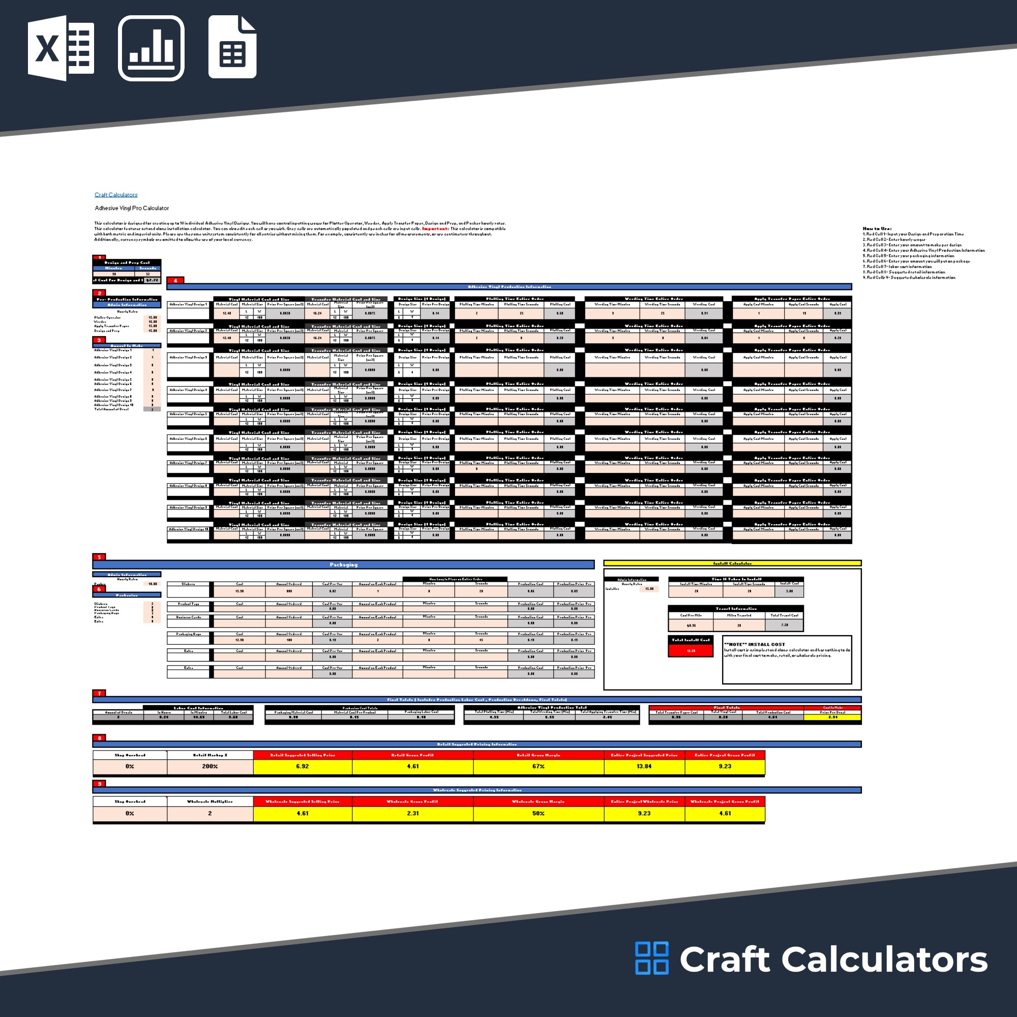 Advanced Adhesive Vinyl Decal Pricing Calculator interface showing cost calculations for up to 10 designs.