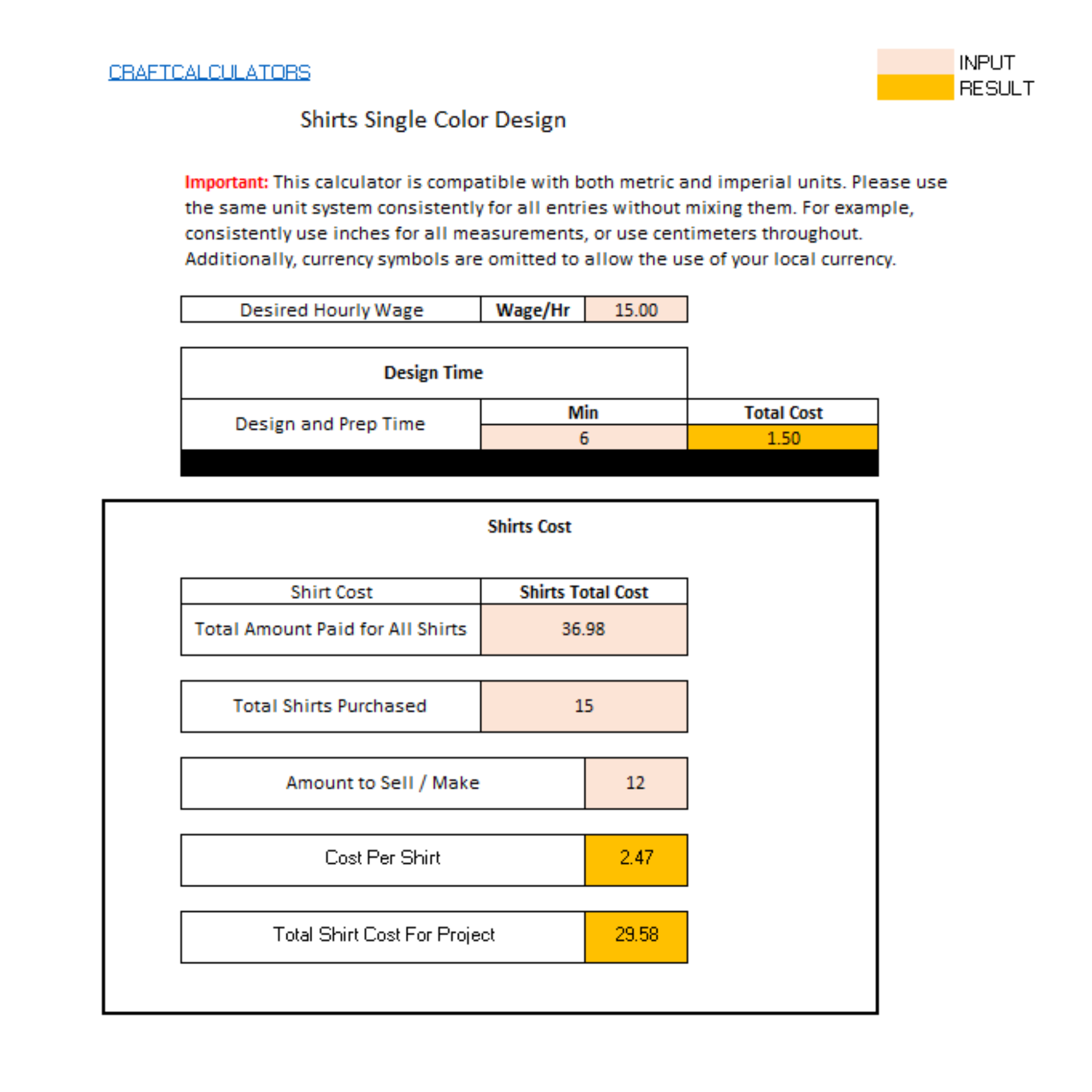 T-Shirt HTV Single Color Design Cost Calculator