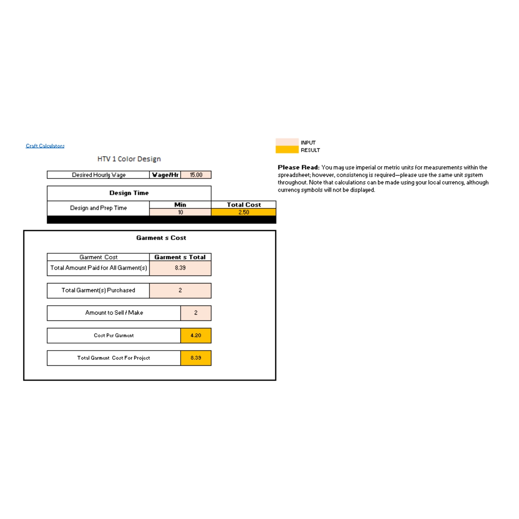 HTV 1 Color Design Product Cost Calculator (Universal Products)
