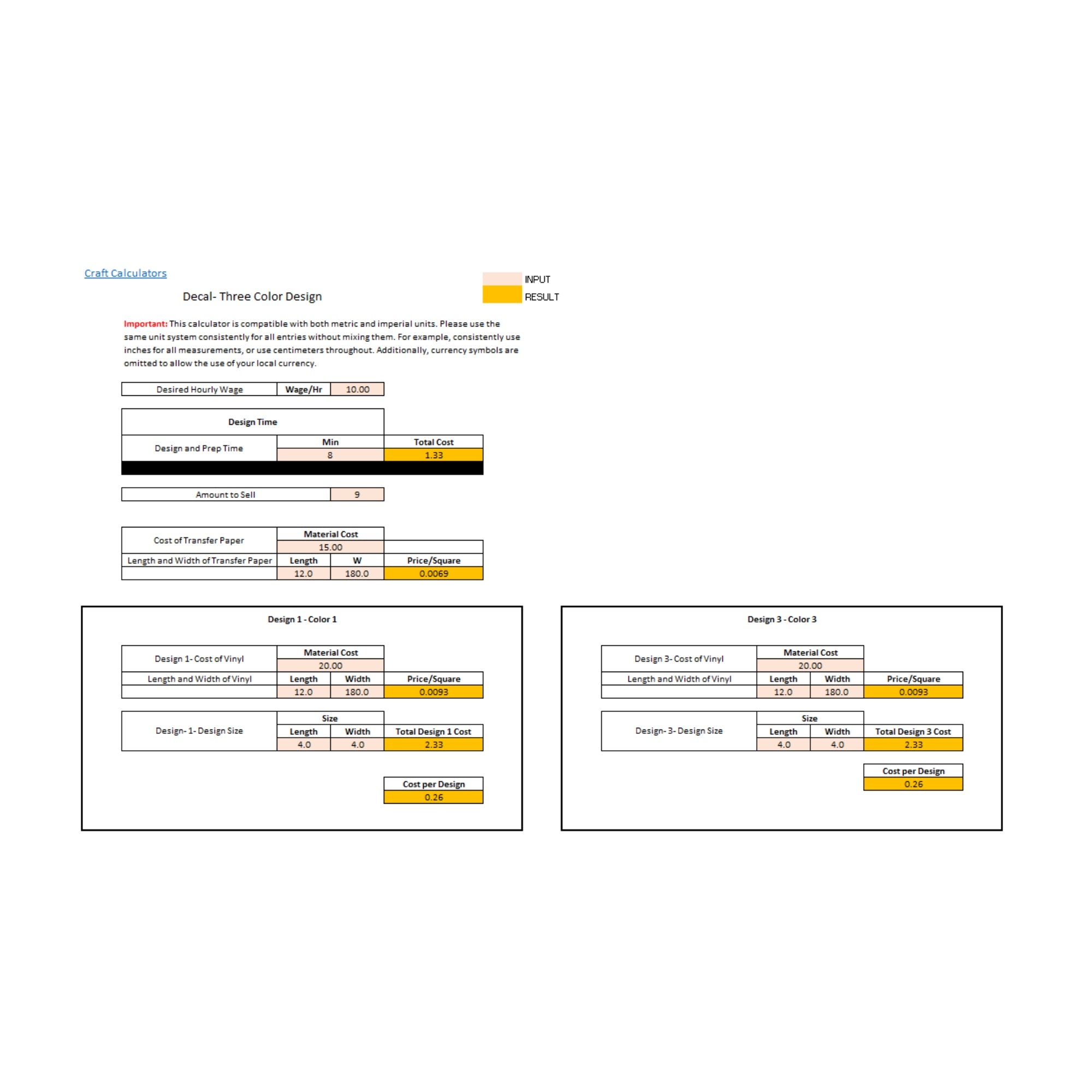 Vinyl Decal Cost Calculator - 3 Colors