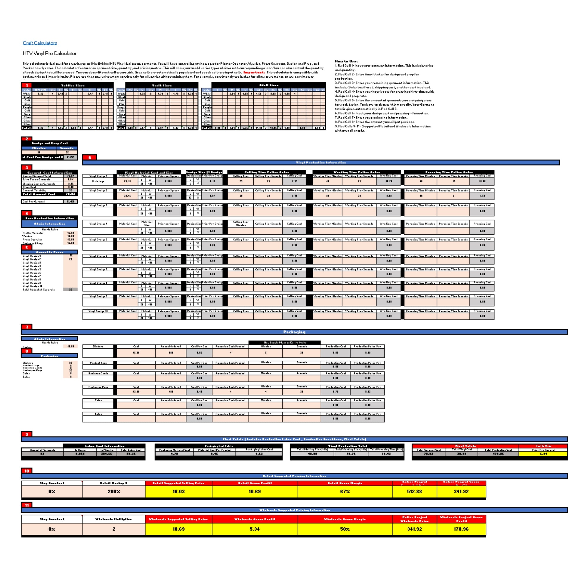 Advanced HTV Vinyl Pricing Calculator for Up to 10 Designs - Image illustrating the process of calculating retail and wholesale prices for HTV projects.