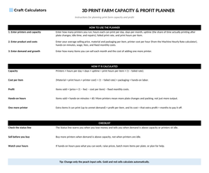 3D Print Farm Capacity & Profit Planner instructions tab explaining how to use the workbook and what the results mean