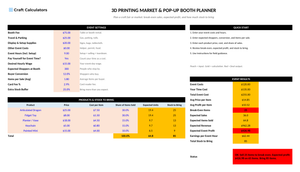 3D Printing Market & Pop-Up Booth Planner screenshot showing inputs, calculated results, and status line
