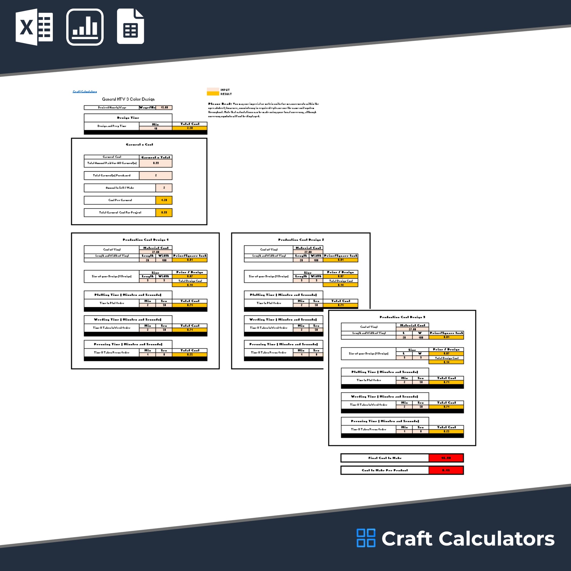 HTV 3 Color Design Product Cost Calculator (Universal Products)