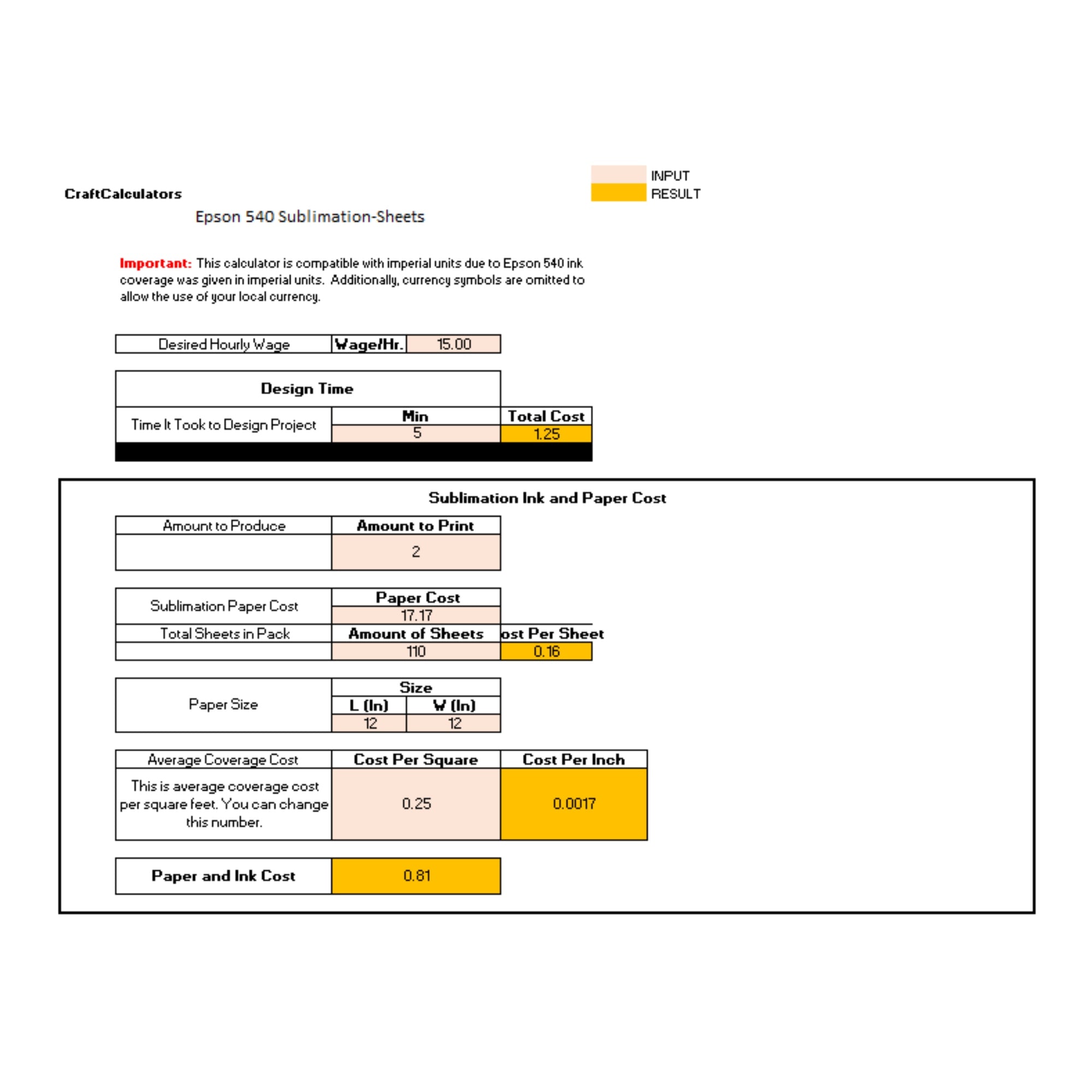 Epson 540 Sublimation Calculator (Sheets) | Product Cost & Ink Paper Usage Tool