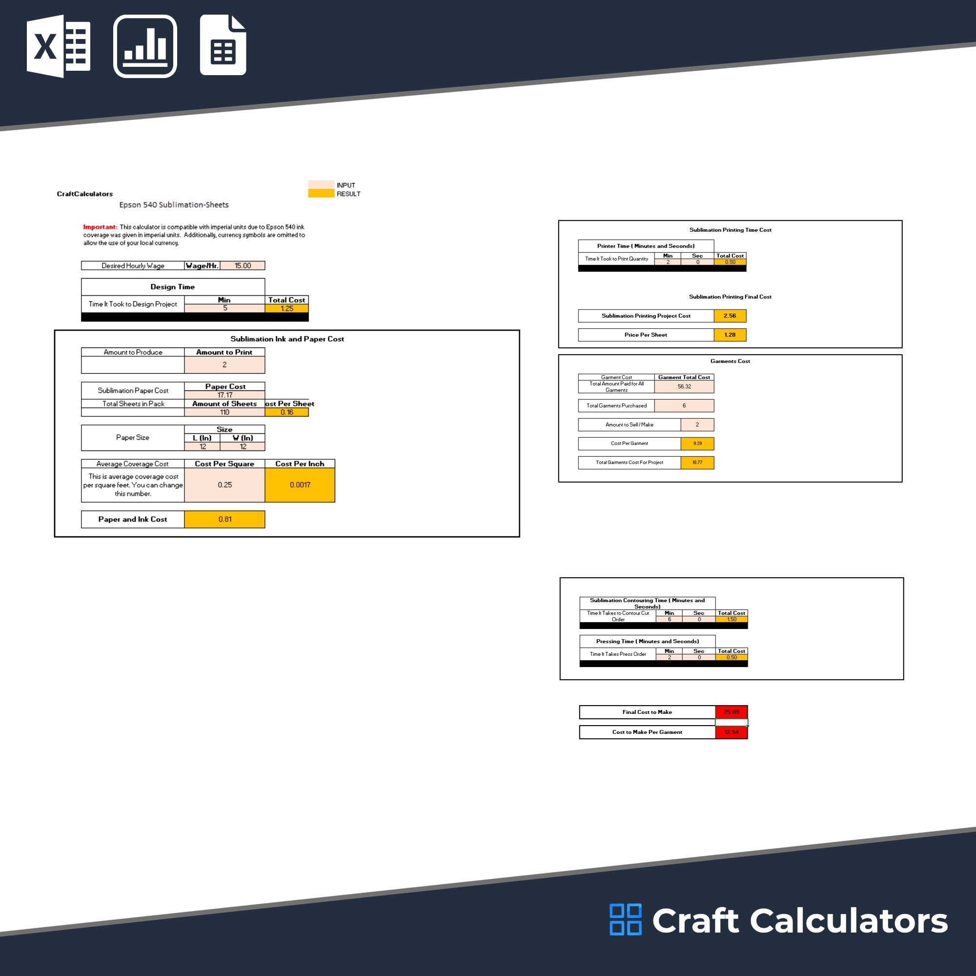 Epson 540 Sublimation Calculator (Sheets) | Product Cost & Ink Paper Usage Tool