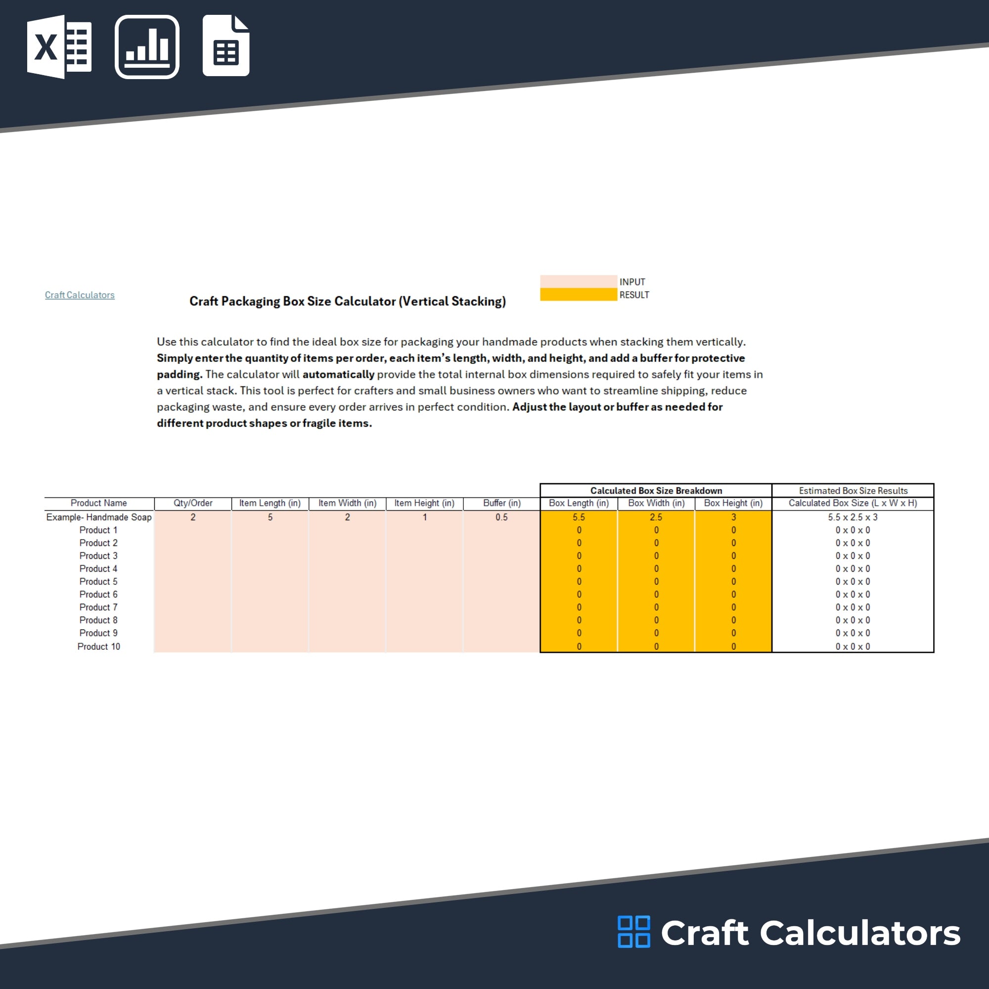 Craft Packaging Box Size Calculator | Vertical Stacking Layout Design Tool