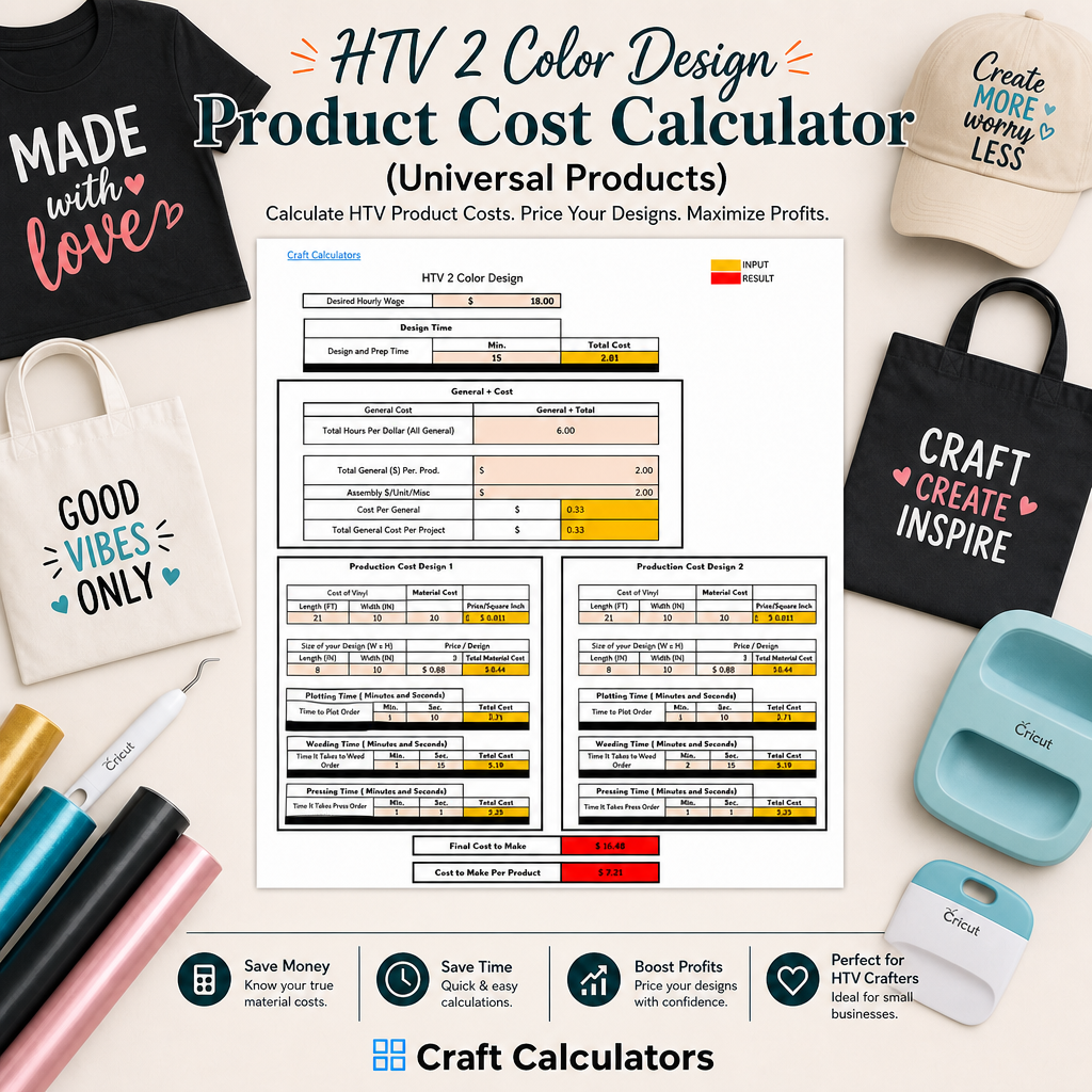 HTV 2 Color Cost Spreadsheet Calculator