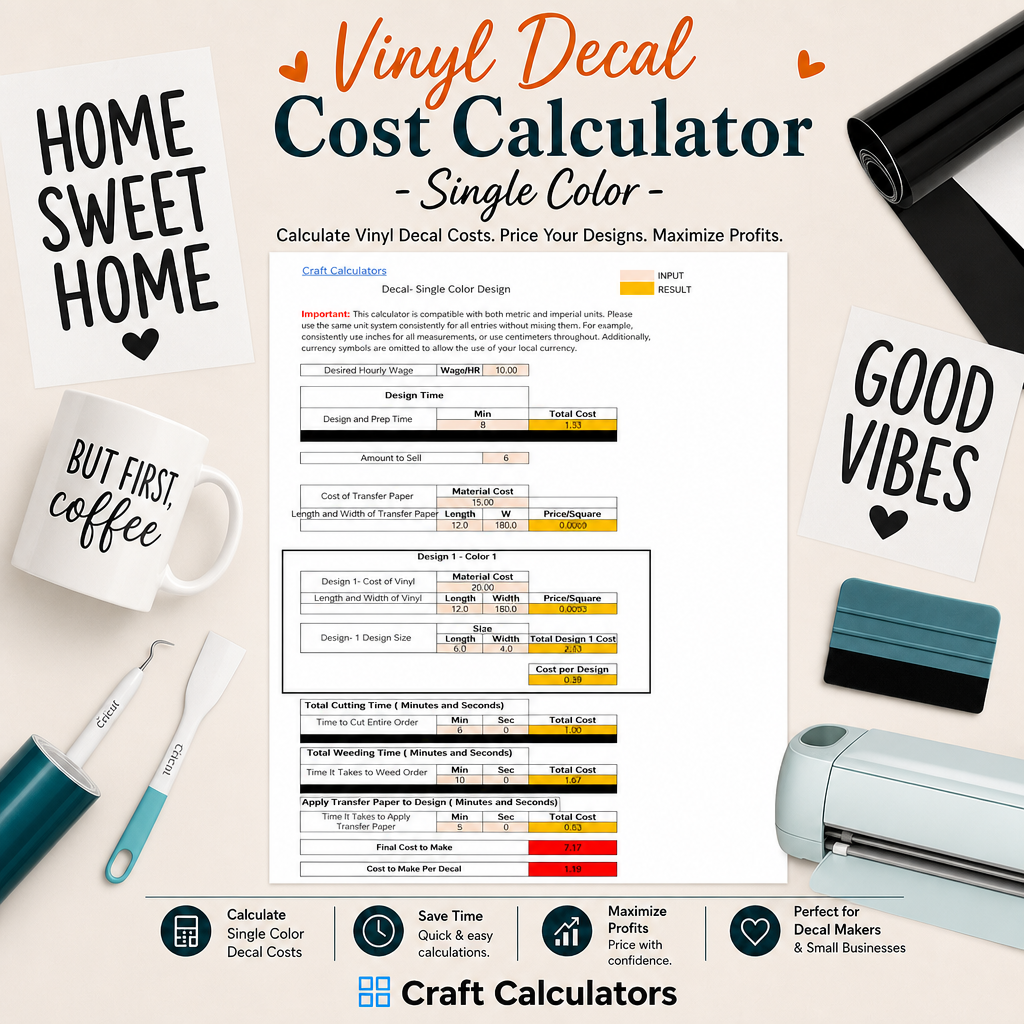 Vinyl Decal Cost Spreadsheet Calculator - Single Color