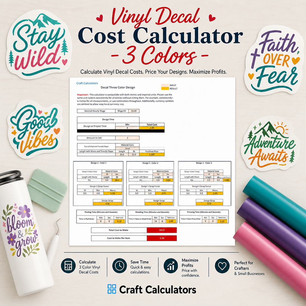 Vinyl Decal Cost Spreadsheet Calculator - 3 Colors