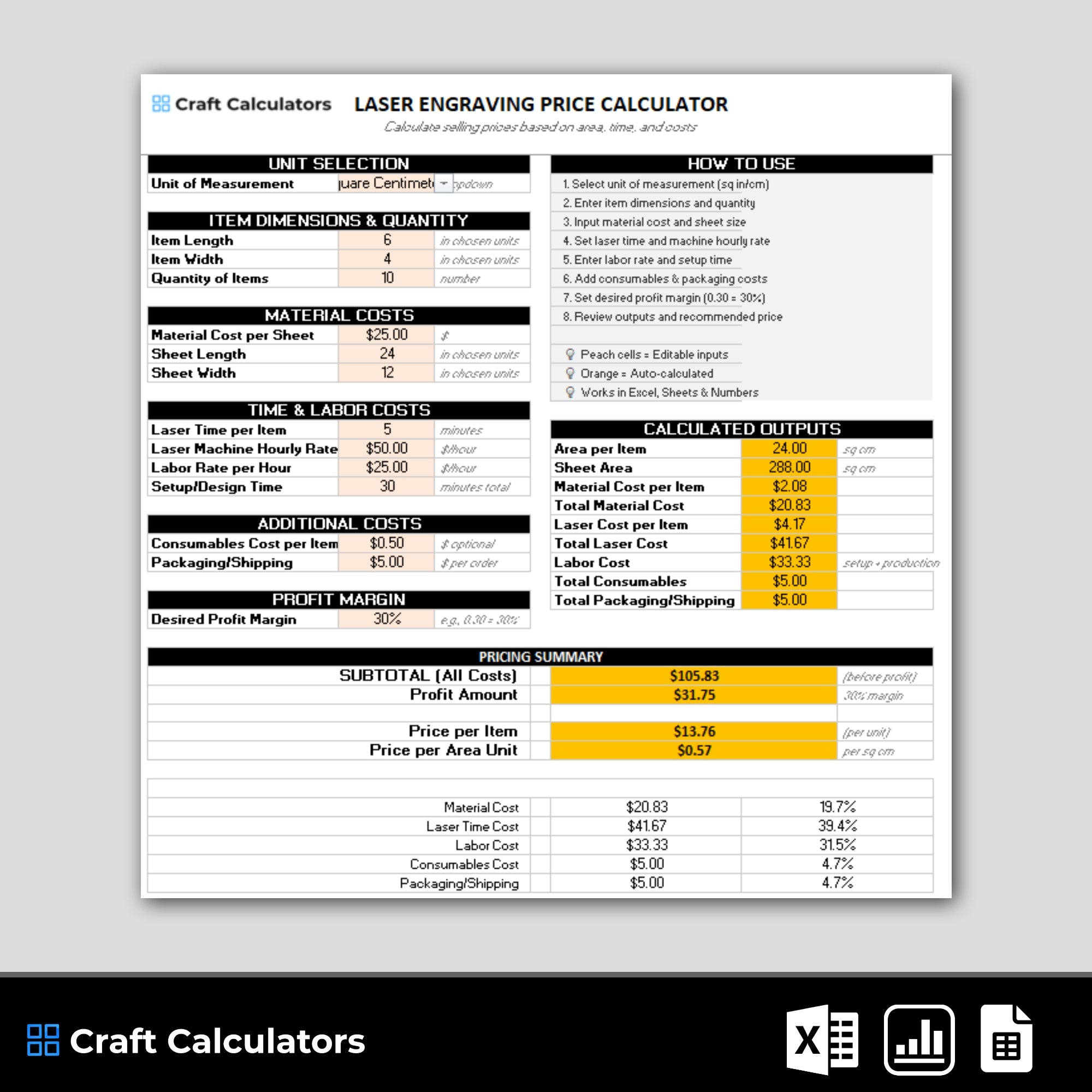 Laser Engraving Price Per Square Inch / Centimeter Calculator Spreadsheet | Craft Calculators