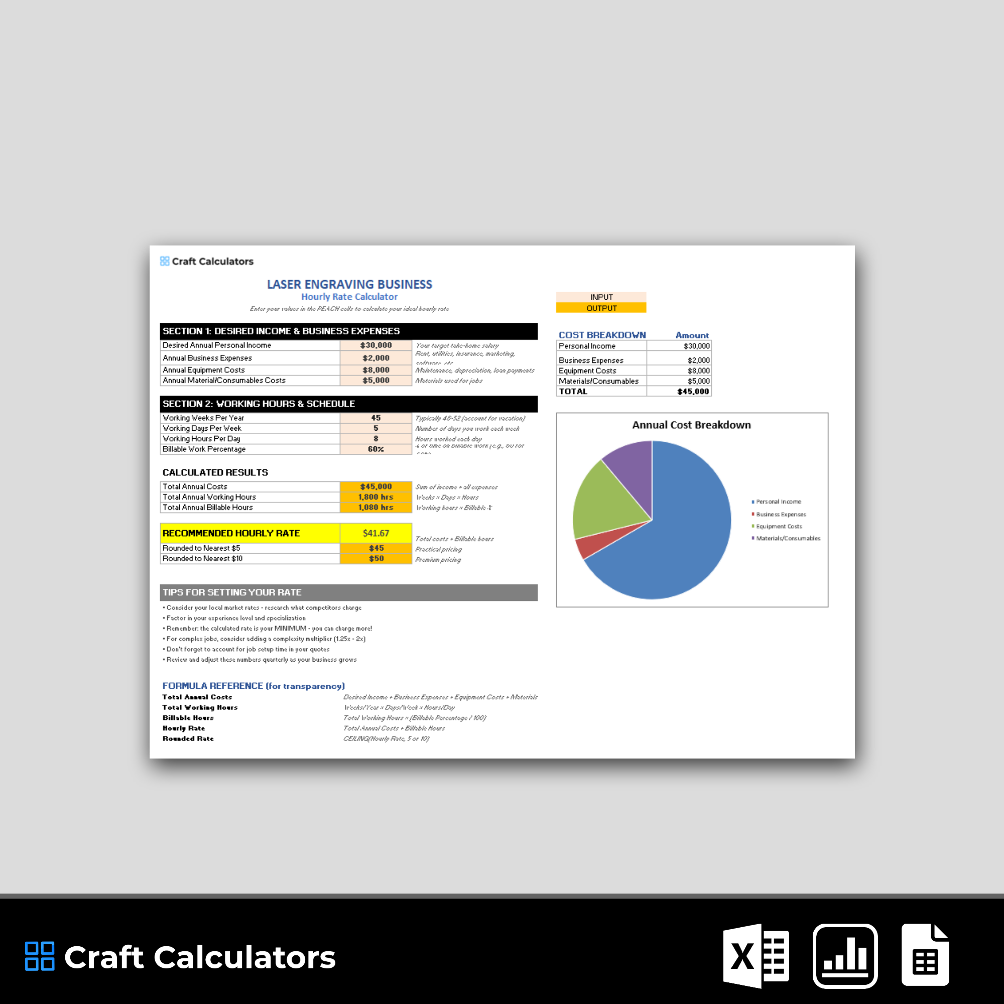 Laser Engraving Hourly Rate Calculator Spreadsheet | Craft Calculators