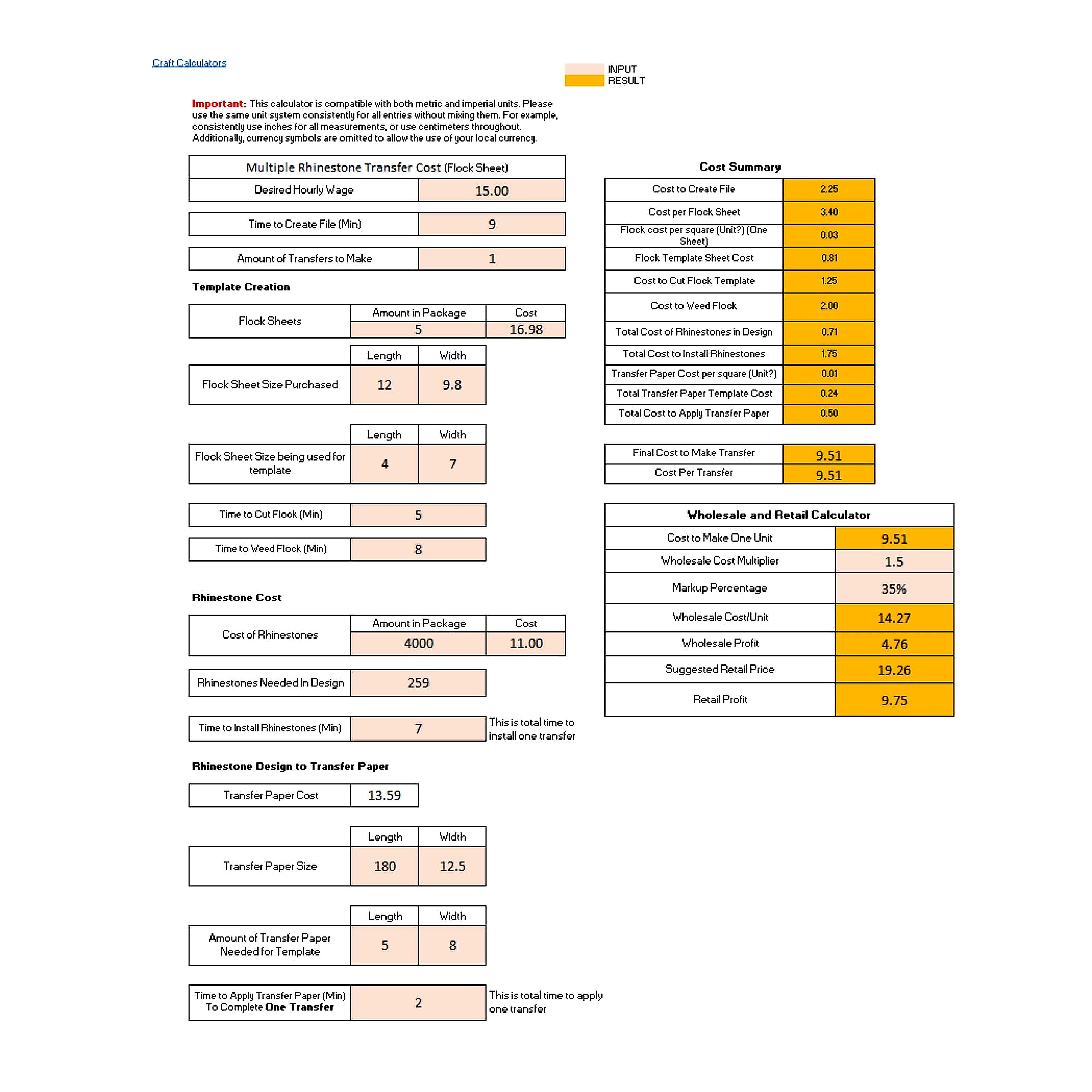 Multiple Rhinestone Transfer Spreadsheet (Flock Sheets)