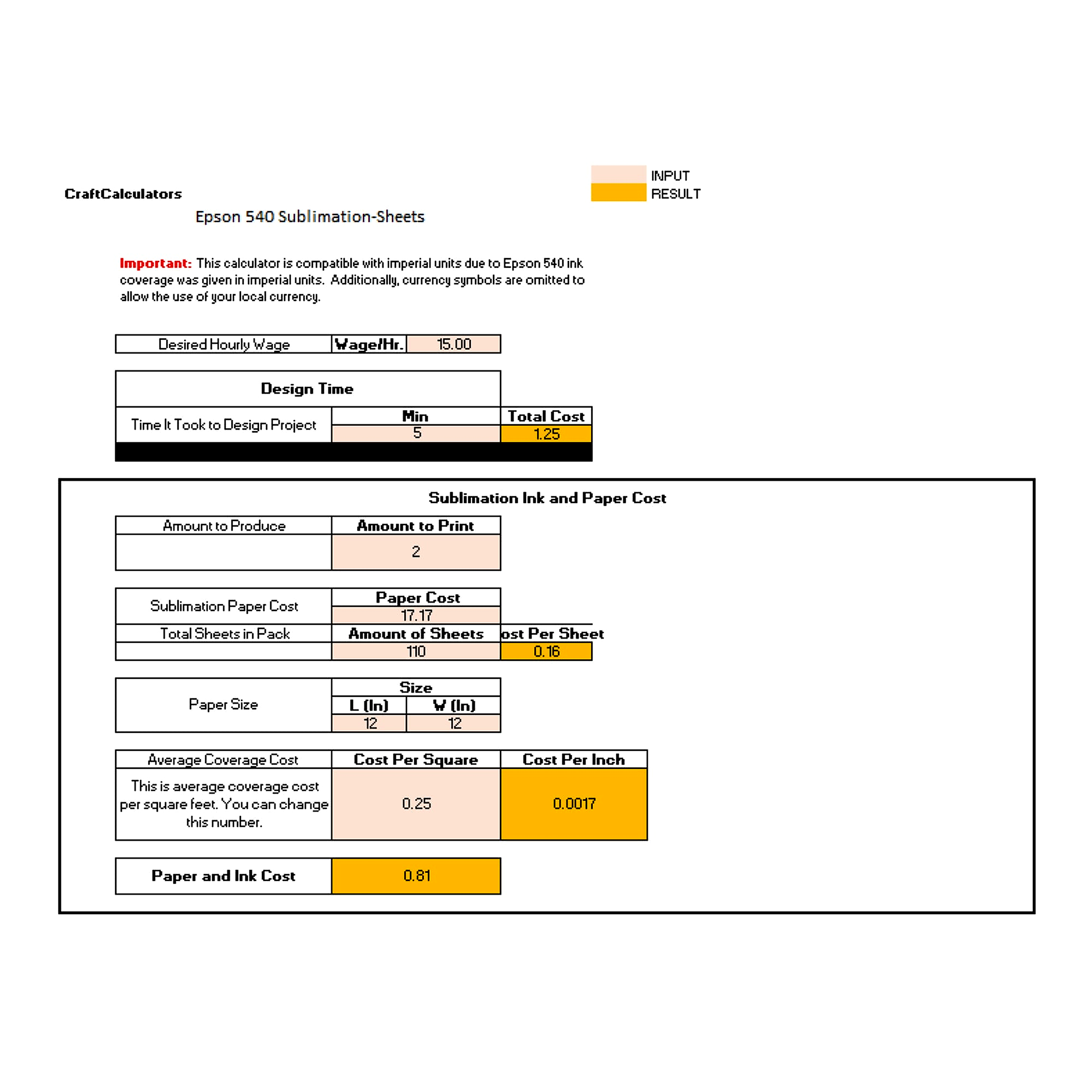 Epson 540 - Sublimation Cost Spreadsheet (Sheets)