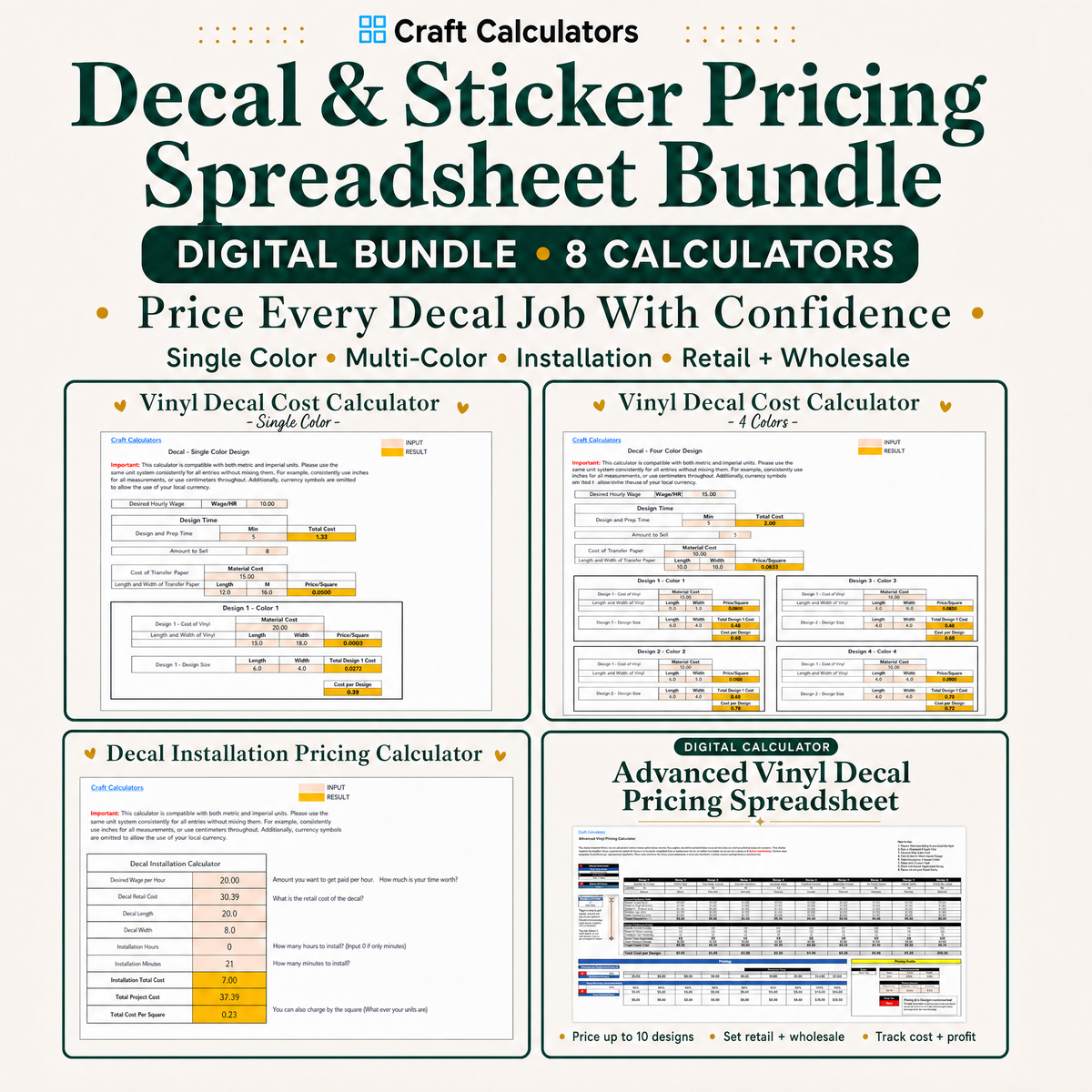 Decal & Sticker Pricing Spreadsheet Bundle – 8 Editable Pricing Tools