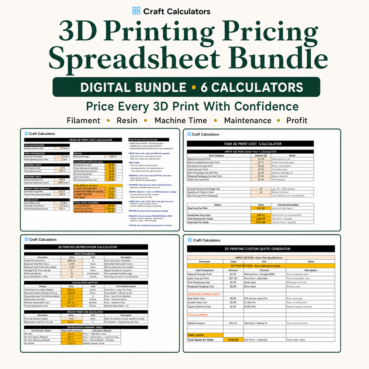 3D Printing Pricing Spreadsheet Bundle – 6 Editable Pricing Tools