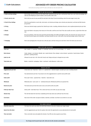 Advanced HTV Order Pricing Calculator instructions tab explaining how to use the workbook and what the results mean