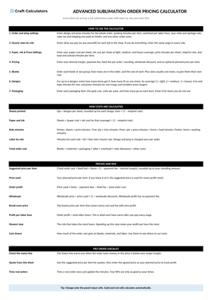 Advanced Sublimation Order Pricing Calculator instructions tab explaining how to use the workbook and what the results mean