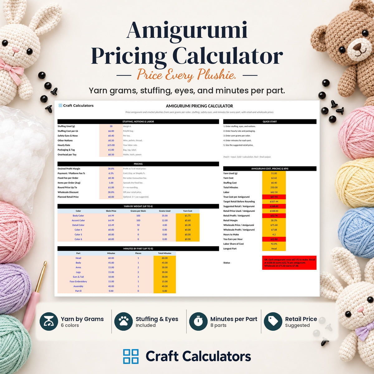 Amigurumi Pricing Calculator spreadsheet by Craft Calculators for handmade sellers