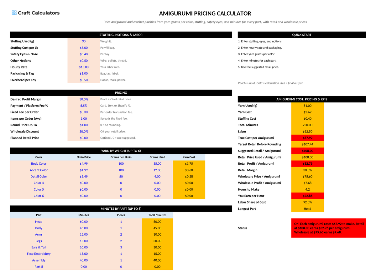 Amigurumi Pricing Calculator screenshot showing inputs, calculated results, and status line