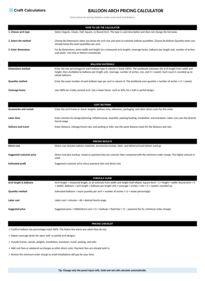 Balloon Arch Pricing Calculator instructions tab explaining how to use the workbook and what the results mean