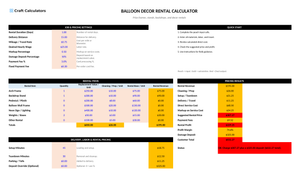Balloon Decor Rental Pricing Calculator screenshot showing inputs, calculated results, and status line