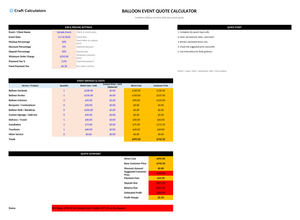 Balloon Event Quote Calculator screenshot showing inputs, calculated results, and status line