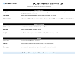 Balloon Inventory & Shopping List instructions tab explaining how to use the workbook and what the results mean