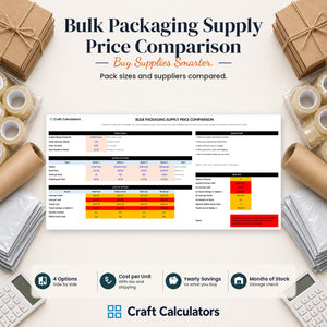 Bulk Packaging Supply Price Comparison spreadsheet by Craft Calculators for handmade sellers