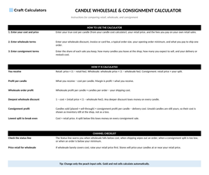 Candle Wholesale & Consignment Calculator instructions tab explaining how to use the workbook and what the results mean