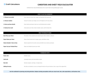 Cardstock and Sheet Yield Calculator instructions tab explaining how to use the workbook and what the results mean