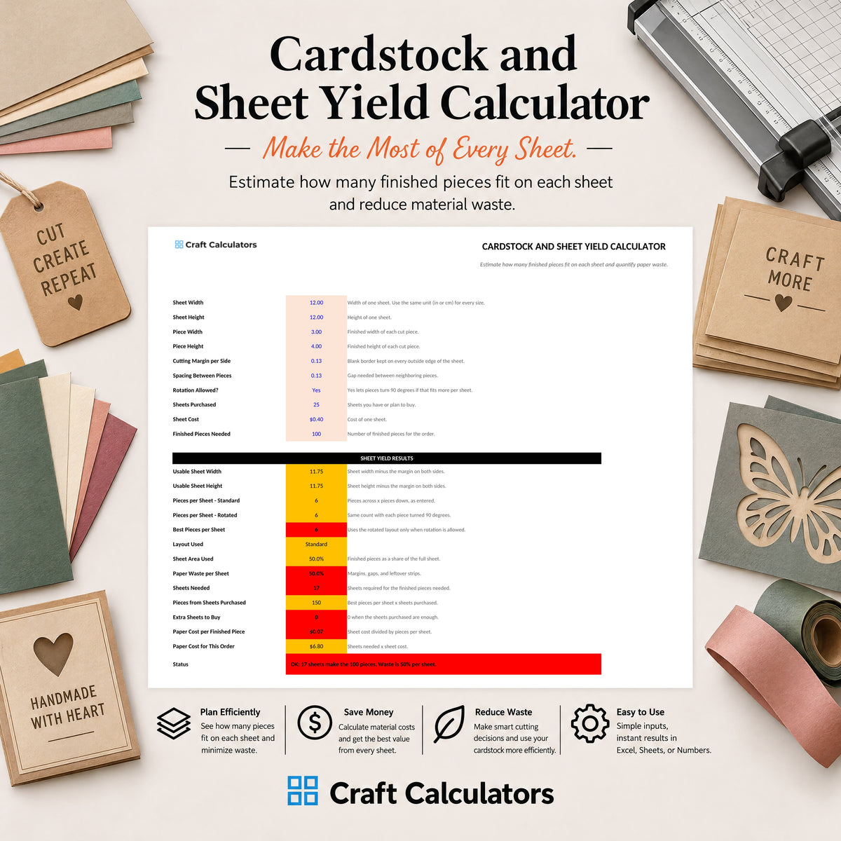 Cardstock and Sheet Yield Calculator spreadsheet by Craft Calculators for paper crafters