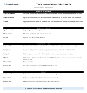 Cookie Pricing Calculator per Dozen instructions tab explaining how to use the workbook and what the results mean