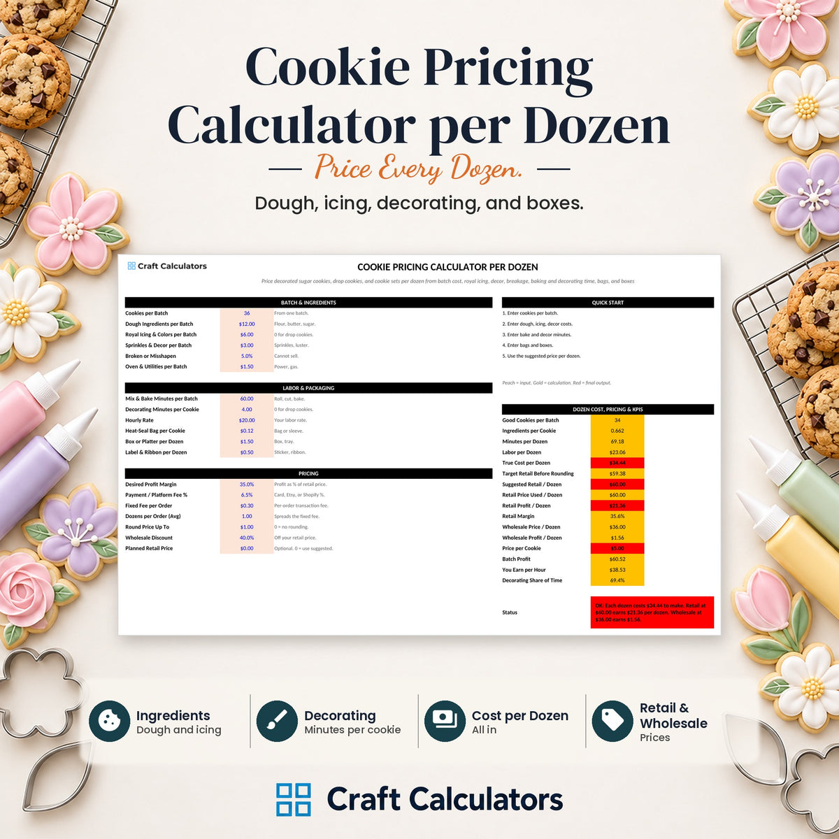 Cookie Pricing Calculator per Dozen spreadsheet by Craft Calculators for handmade sellers
