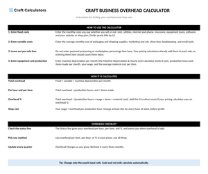 Craft Business Overhead Calculator instructions tab explaining how to use the workbook and what the results mean