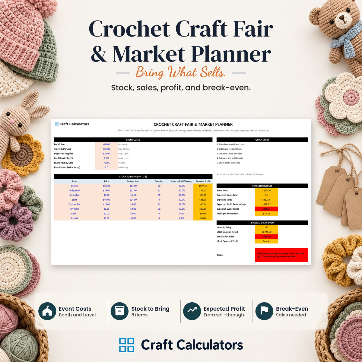 Crochet Craft Fair & Market Planner spreadsheet by Craft Calculators for handmade sellers