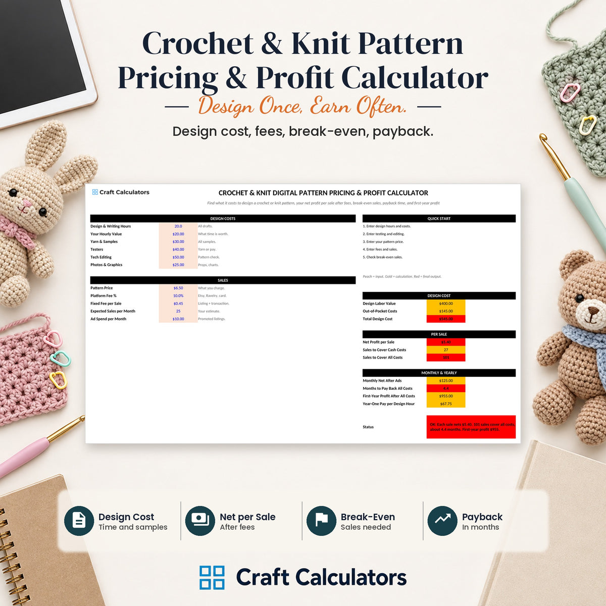 Crochet & Knit Pattern Pricing & Profit Calculator spreadsheet by Craft Calculators for handmade sellers