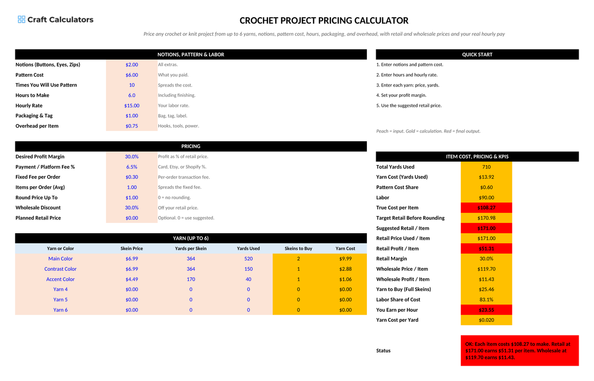 Crochet Project Pricing Calculator screenshot showing inputs, calculated results, and status line