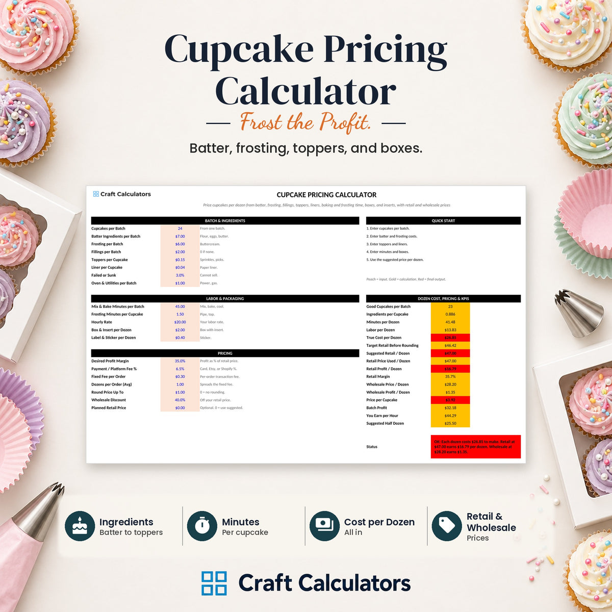 Cupcake Pricing Calculator spreadsheet by Craft Calculators for handmade sellers