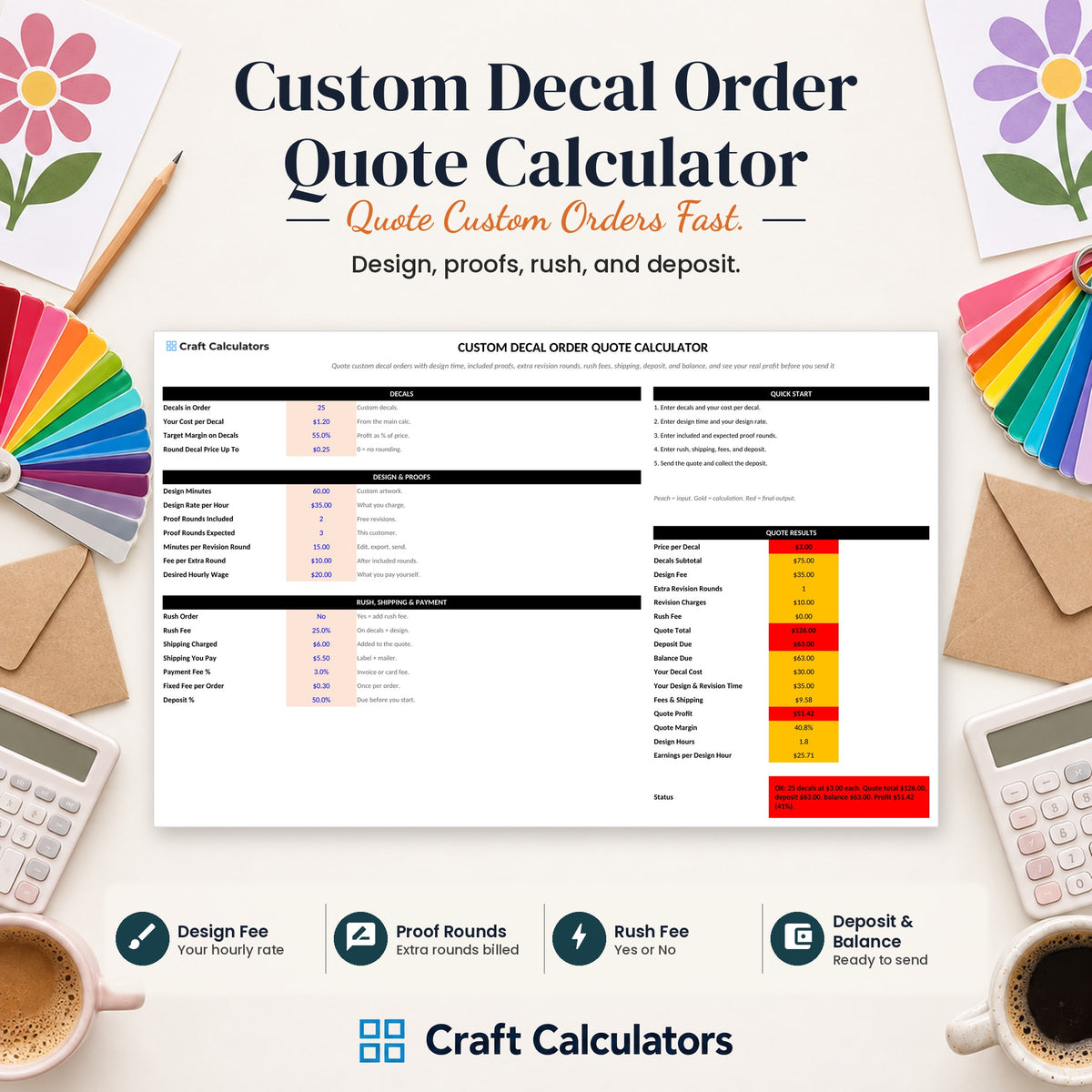 Custom Decal Order Quote Calculator spreadsheet by Craft Calculators for decal and sticker sellers