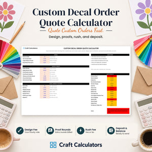 Custom Decal Order Quote Calculator spreadsheet by Craft Calculators for decal and sticker sellers