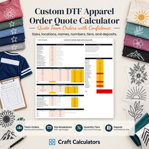 Custom DTF Apparel Order Quote Calculator spreadsheet by Craft Calculators for DTF shirt makers