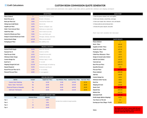 Custom Resin Commission Quote Generator screenshot showing inputs, calculated results, and status line