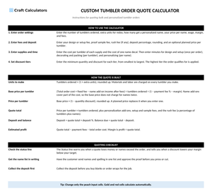 Custom Tumbler Order Quote Calculator instructions tab explaining how to use the workbook and what the results mean