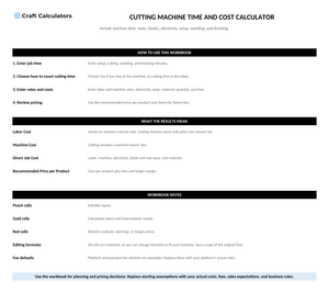 Cutting Machine Time and Cost Calculator instructions tab explaining how to use the workbook and what the results mean