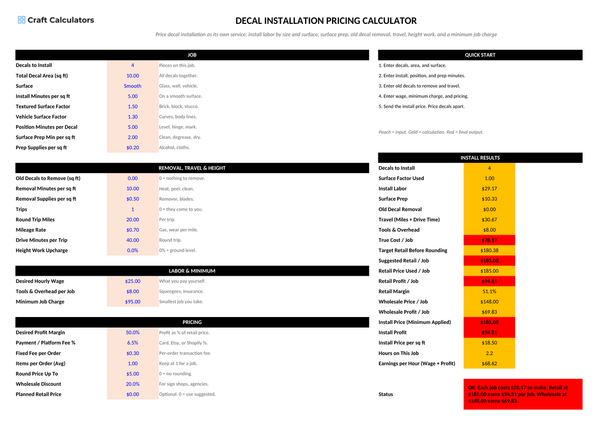 Decal Installation Pricing Calculator screenshot showing inputs, calculated results, and status line