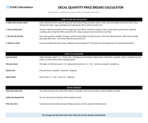 Decal Quantity Price Breaks Calculator instructions tab explaining how to use the workbook and what the results mean
