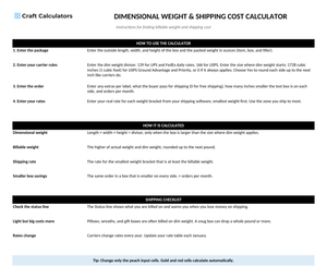Dimensional Weight & Shipping Cost Calculator instructions tab explaining how to use the workbook and what the results mean