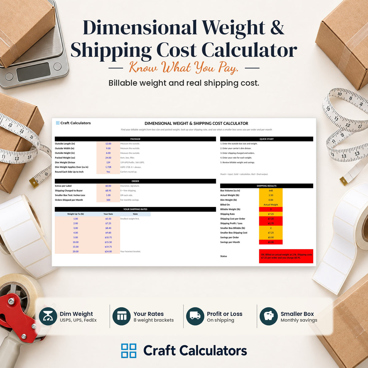 Dimensional Weight & Shipping Cost Calculator spreadsheet by Craft Calculators for handmade sellers