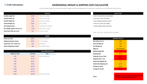 Dimensional Weight & Shipping Cost Calculator screenshot showing inputs, calculated results, and status line